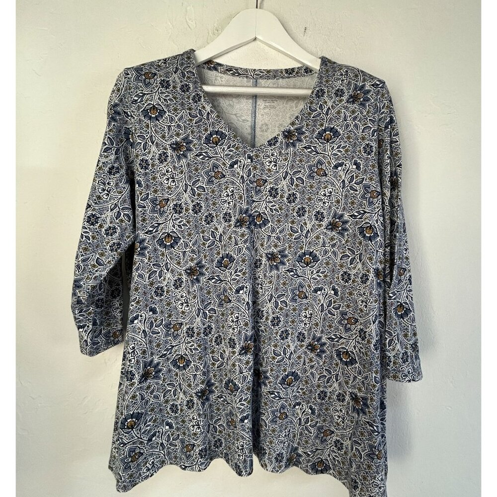 Pure Jill Womens Printed V-Neck Tee XL 100% Cotton Floral Blue 3/4 Sleeve NWOT
